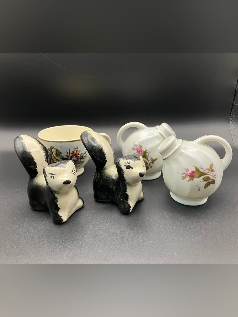 Vintage Skunk and Floral Salt and Pepper Shakers and Teacup